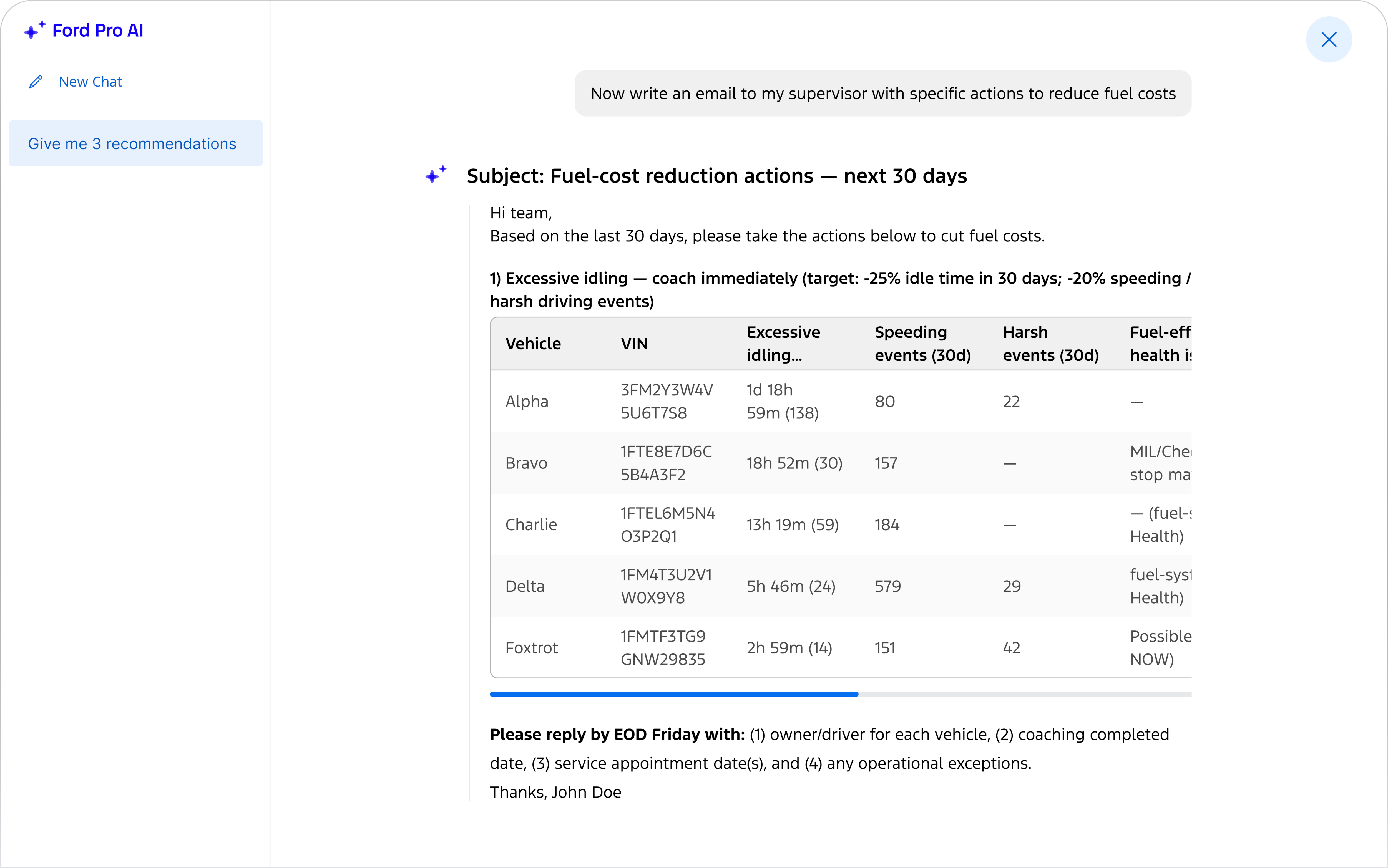 Ford Pro AI is the intelligent fleet assistant that takes the millions of data points your vehicles generate and turns them into insights you can act on.  